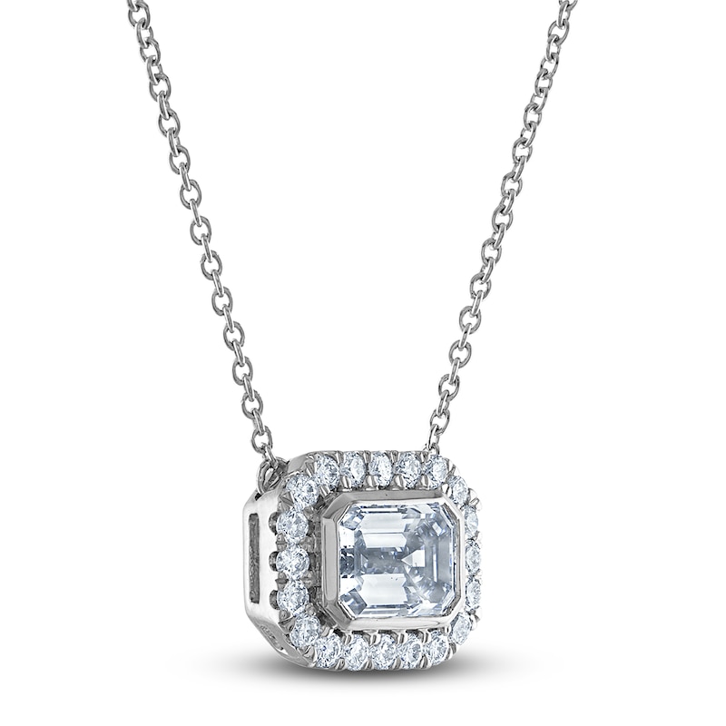 Main Image 2 of Lab-Grown Diamond Necklace 1-1/6 ct tw Emerald/Round 14K White Gold