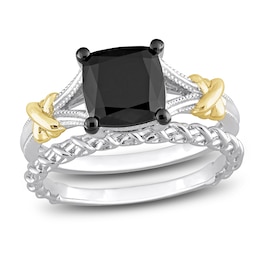 Y-Knot Black Diamond Bridal Set 2 ct tw Cushion 14K Two-Tone Gold