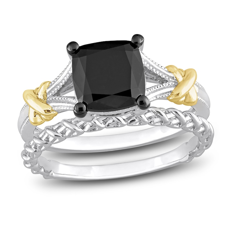 Y-Knot Black Diamond Bridal Set 2 ct tw Cushion 14K Two-Tone Gold