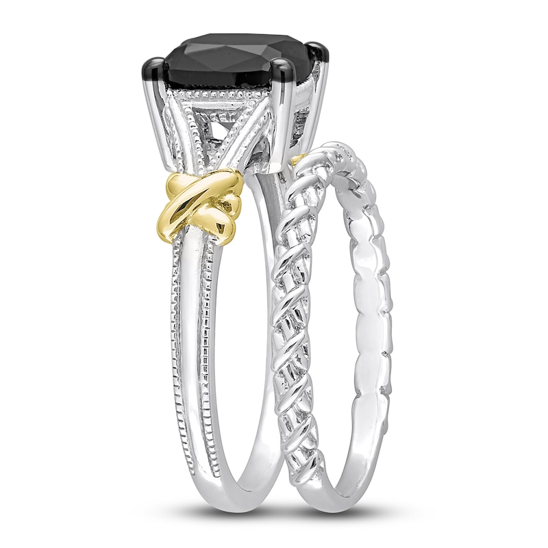 Y-Knot Black Diamond Bridal Set 2 ct tw Cushion 14K Two-Tone Gold