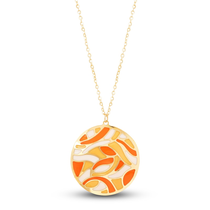 Main Image 1 of Italia D'Oro Circle Disk Necklace Orange/Yellow/ White Enamel 14K Yellow Gold 16"
