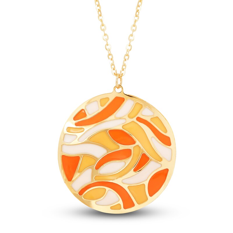 Main Image 2 of Italia D'Oro Circle Disk Necklace Orange/Yellow/ White Enamel 14K Yellow Gold 16"