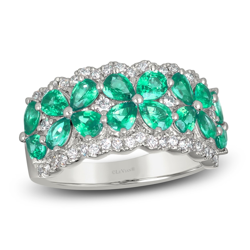 Main Image 1 of Pear-Shaped Natural Emerald & Diamond Flower Ring 3/8 ct tw Round Platinum