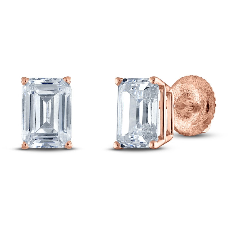 Main Image 2 of Emerald-Cut Lab-Grown Diamond Solitaire Stud Earrings 1/2 ct tw 14K Rose Gold (F/SI2)