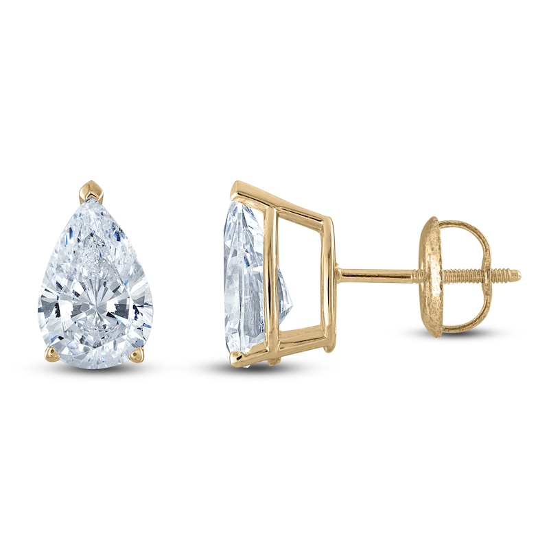 Main Image 1 of Pear-Shaped Lab-Grown Diamond Solitaire Stud Earrings 2 ct tw 14K Yellow Gold (F/SI2)