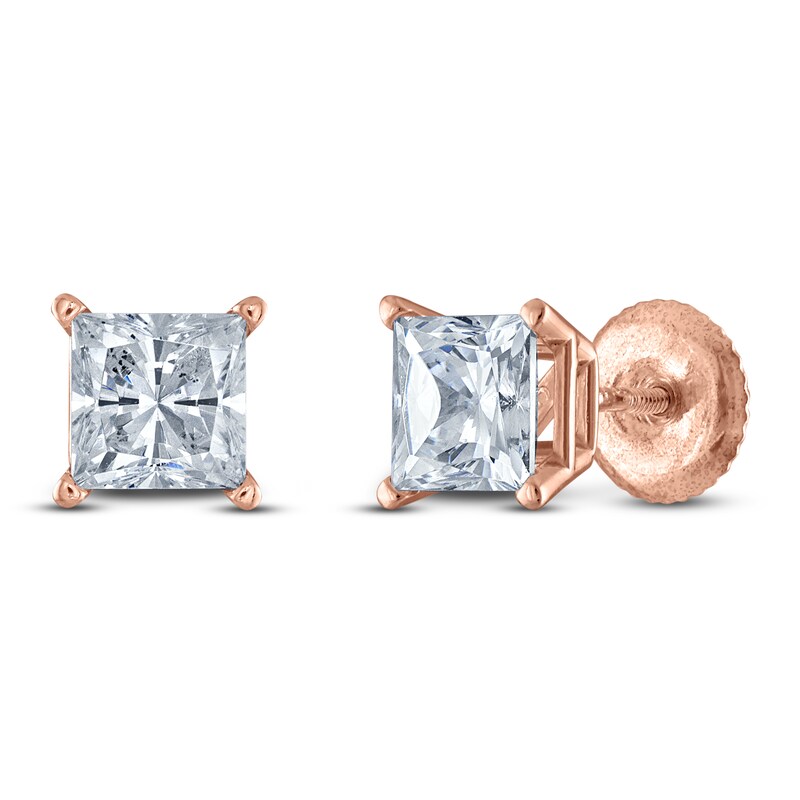 Main Image 2 of Princess-Cut Lab-Grown Diamond Solitaire Stud Earrings 2 ct tw 14K Rose Gold (F/SI2)