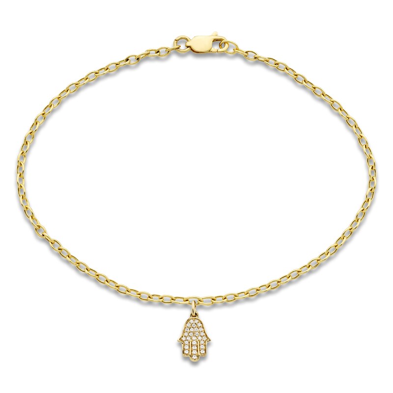 Main Image 1 of Diamond Hamsa Charm Chain Bracelet 1/20 ct tw 10K Yellow Gold 7.25"