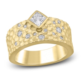 Princess-Cut Diamond Wide Hammered Anniversary Ring 3/4 ct tw 14K Yellow Gold