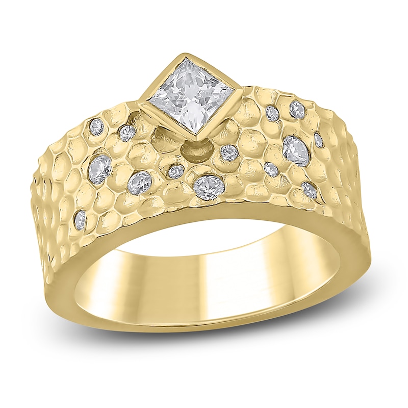 Princes-Cut Diamond Wide Hammered Anniversary Ring 3/4 ct tw 14K Yellow Gold