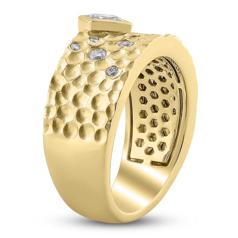 Main Image 2 of Princess-Cut Diamond Wide Hammered Anniversary Ring 3/4 ct tw 14K Yellow Gold