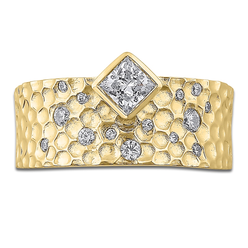 Princes-Cut Diamond Wide Hammered Anniversary Ring 3/4 ct tw 14K Yellow Gold