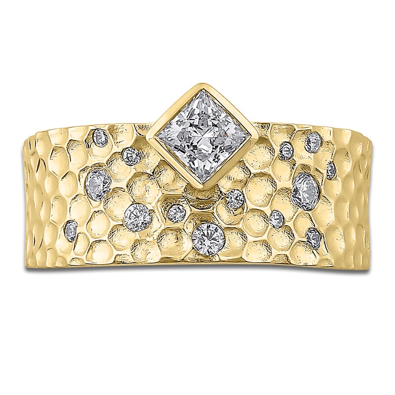 Main Image 3 of Princess-Cut Diamond Wide Hammered Anniversary Ring 3/4 ct tw 14K Yellow Gold