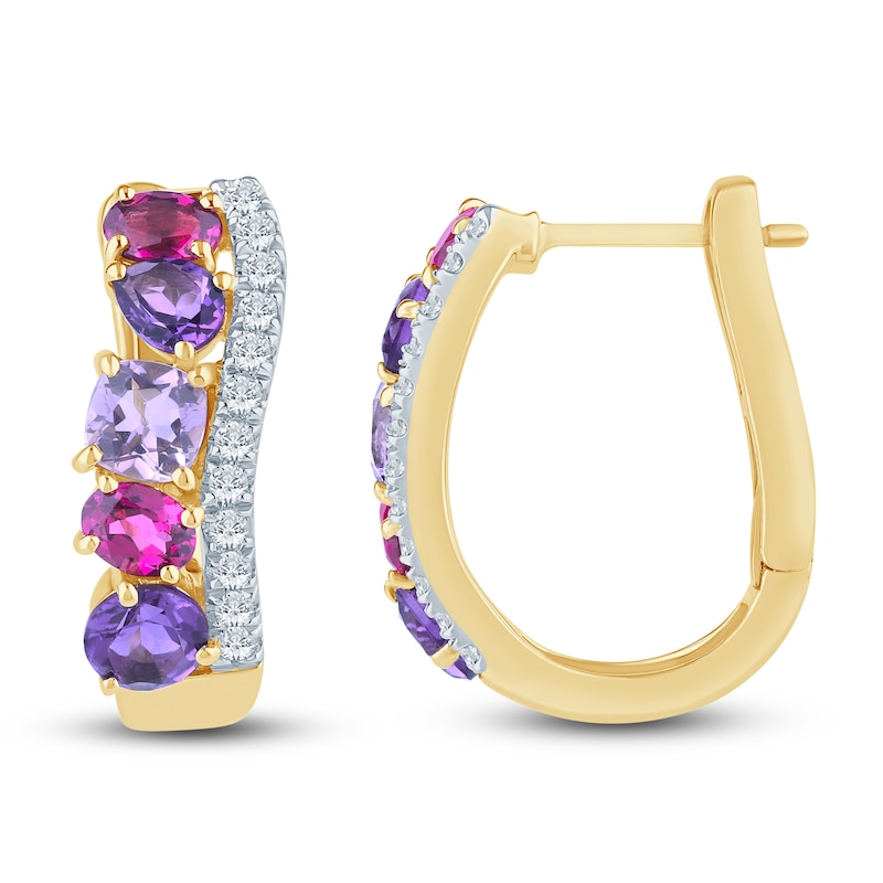Main Image 1 of Natural Amethyst, Light Amethyst, Rhodolite Garnet & Diamond Multi-Shape Curve Hoop Earrings 1/4 ct tw 14K Yellow Gold