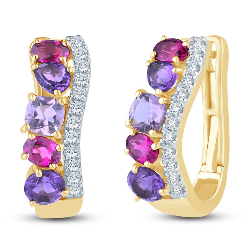 Main Image 2 of Natural Amethyst, Light Amethyst, Rhodolite Garnet & Diamond Multi-Shape Curve Hoop Earrings 1/4 ct tw 14K Yellow Gold