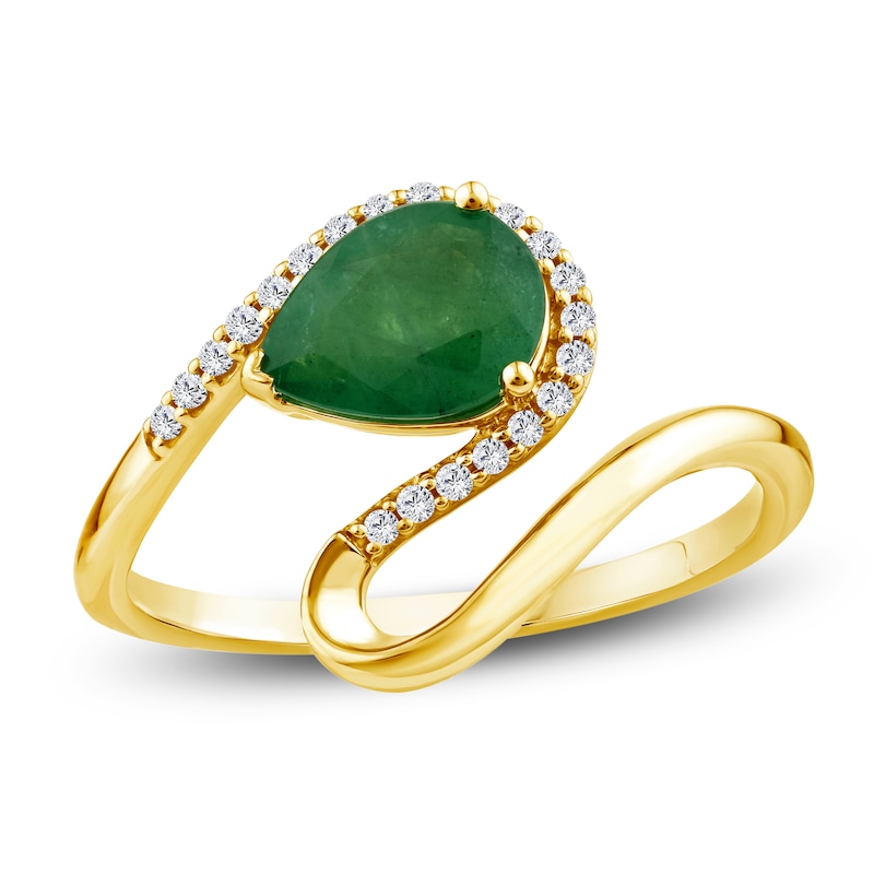 Main Image 1 of Pear-Shaped Natural Emerald & Diamond Curve Ring 1/10 ct tw 14K Yellow Gold