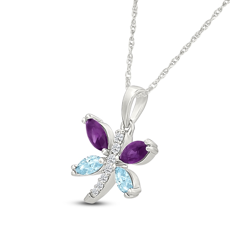 Main Image 2 of Marquise-Cut Natural Amethyst, Natural Aquamarine & White Lab-Created Sapphire Dragonfly Necklace Sterling Silver 18"