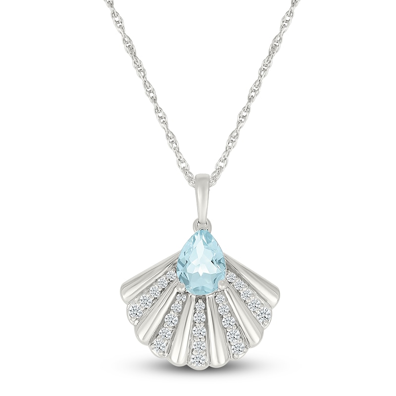 Main Image 1 of Pear-Shaped Natural Aquamarine & White Lab-Created Sapphire Shell Necklace Sterling Silver 18"