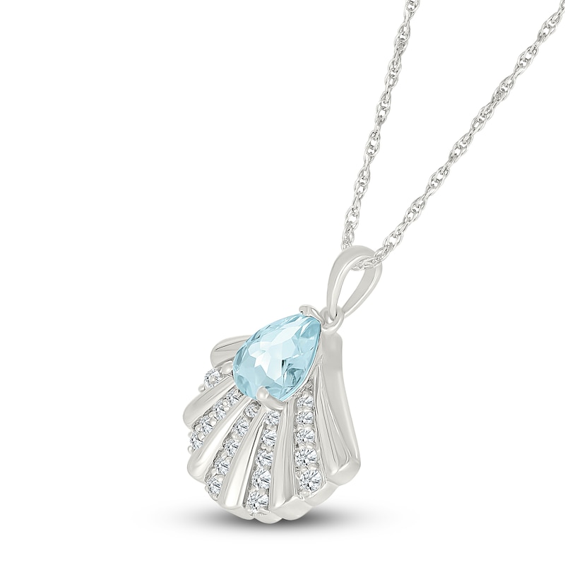 Main Image 2 of Pear-Shaped Natural Aquamarine & White Lab-Created Sapphire Shell Necklace Sterling Silver 18"