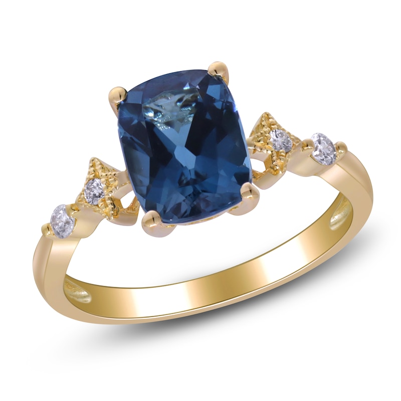 Main Image 2 of Cushion-Cut Natural London Blue Topaz & Diamond Ring 1/10 ct tw 10K Yellow Gold