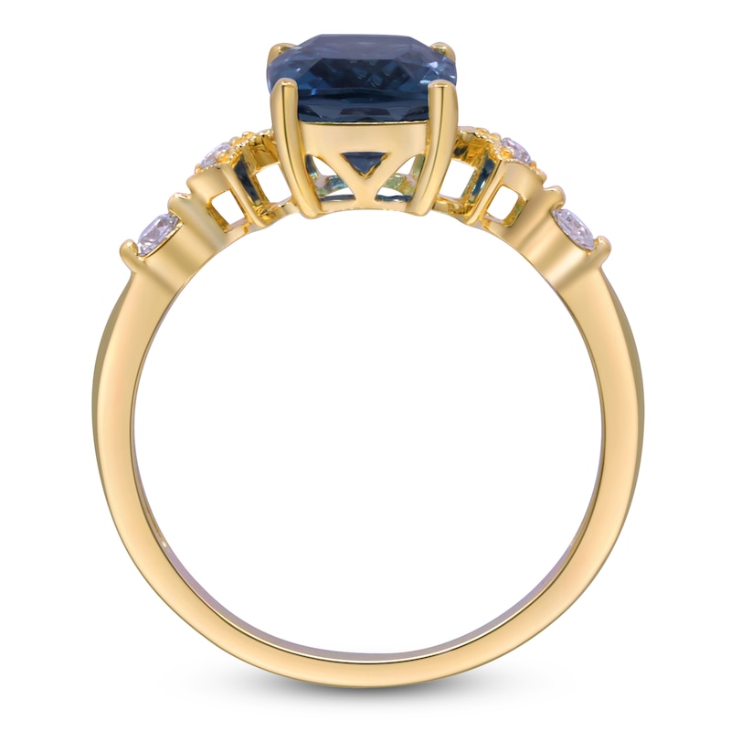 Main Image 3 of Cushion-Cut Natural London Blue Topaz & Diamond Ring 1/10 ct tw 10K Yellow Gold