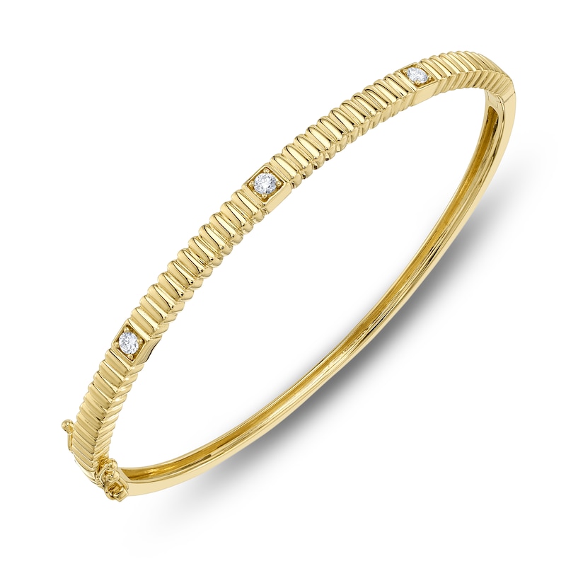 Main Image 1 of Shy Creation Diamond Three-Stone Ribbed Bangle Bracelet 1/8 ct tw 14K Yellow Gold SC22009466ZM