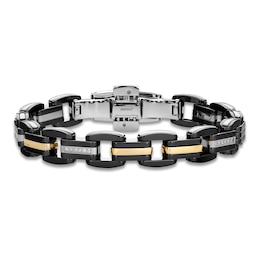Baraka Men's Diamond Link Bracelet 1/20 ct tw Stainless Steel, Black Ceramic & 18K Yellow Gold 7.75"