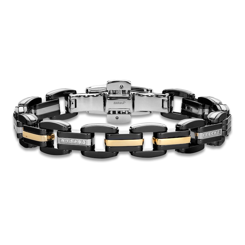 Main Image 1 of Baraka Men's Diamond Link Bracelet 1/20 ct tw Stainless Steel, Black Ceramic & 18K Yellow Gold 7.75"