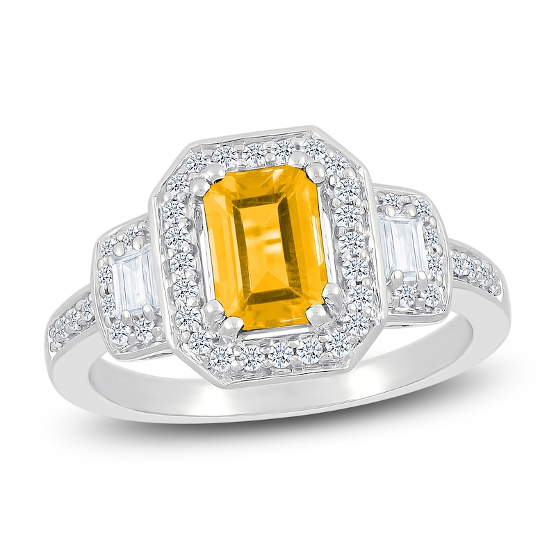 Main Image 1 of Rectangle-Cut Natural Citrine & White Lab-Created Sapphire Halo Ring Sterling Silver