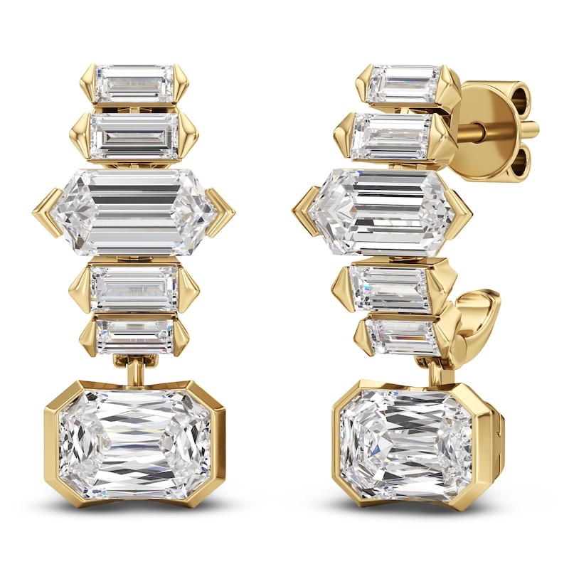 Main Image 2 of J'Lure Imperial-Emerald Step-Cut, Hexagon Baguette-Cut & Baguette-Cut Lab-Grown Diamond J-Hoop Earrings 4-1/3 ct tw 14K Yellow Gold