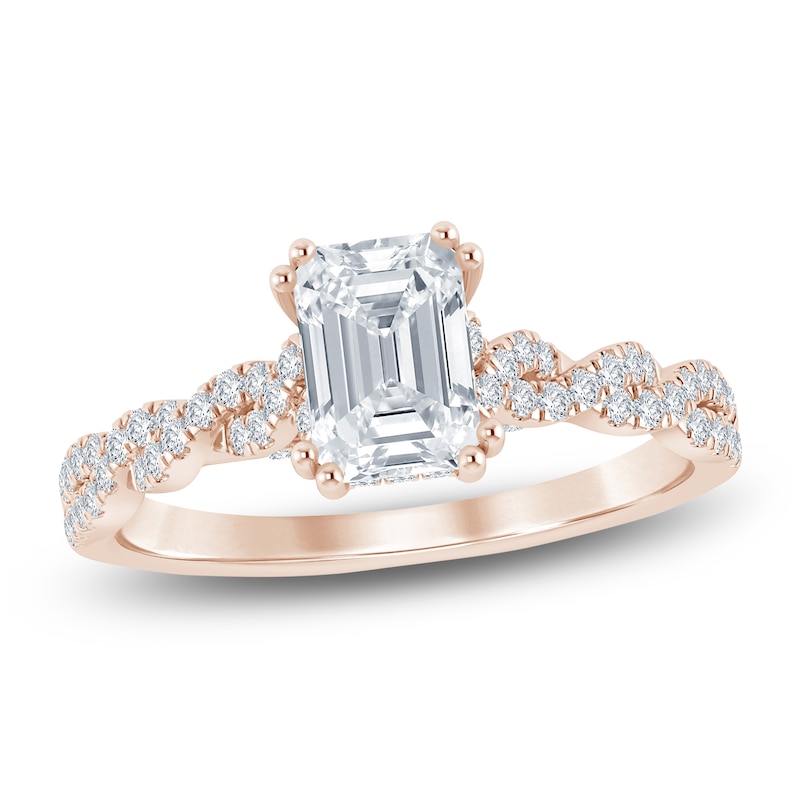 Main Image 1 of Certified Emerald-Cut Diamond Hidden Halo Twist Shank Engagement Ring 1-1/4 ct tw 14K Rose Gold
