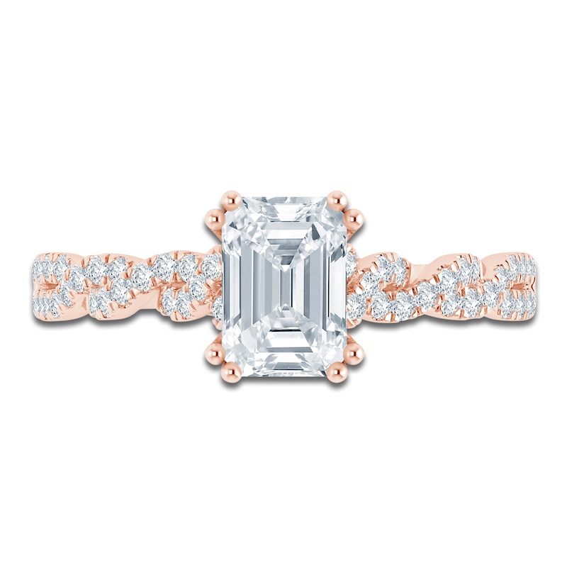 Main Image 3 of Certified Emerald-Cut Diamond Hidden Halo Twist Shank Engagement Ring 1-1/4 ct tw 14K Rose Gold