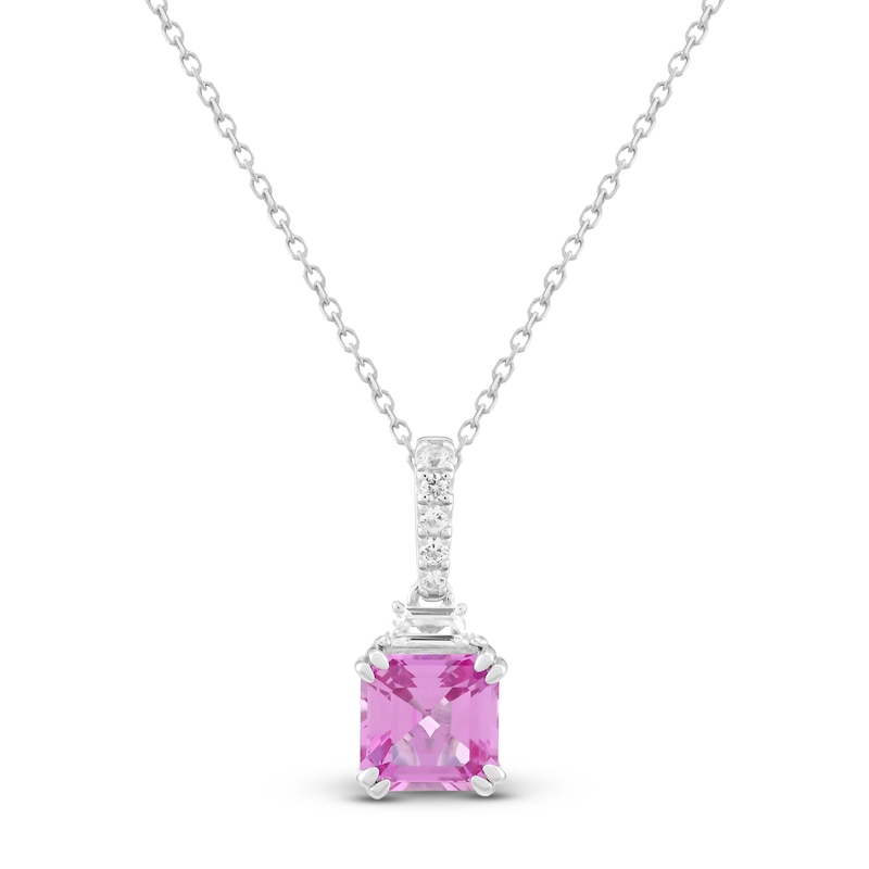 Main Image 1 of Square Emerald-Cut Pink Lab-Created Sapphire Necklace Sterling Silver 18"