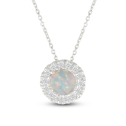 Lab-Created Opal & Diamond Halo Necklace 1/10 ct tw 10K White Gold 18"