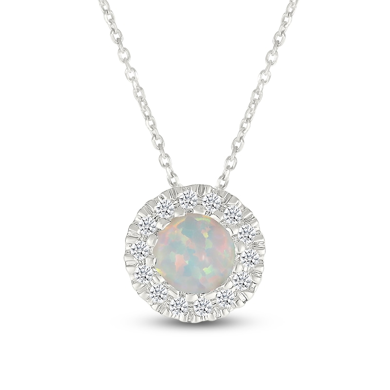 Main Image 1 of Lab-Created Opal & Diamond Halo Necklace 1/10 ct tw 10K White Gold 18"