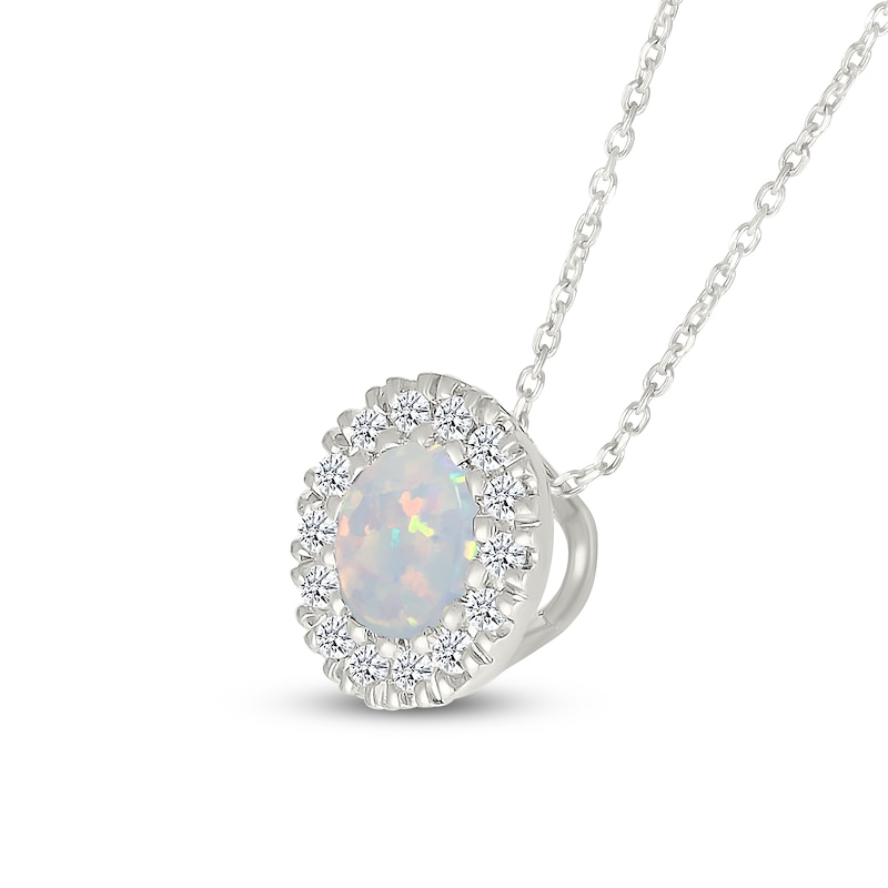 Main Image 2 of Lab-Created Opal & Diamond Halo Necklace 1/10 ct tw 10K White Gold 18"