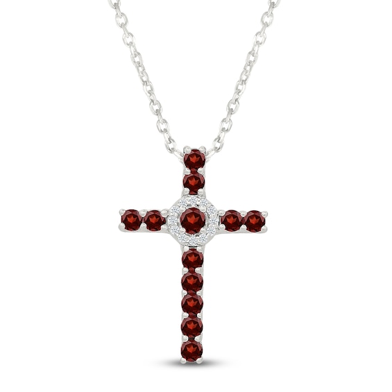 Natural Garnet & White Lab-Created Sapphire Cross Necklace Sterling Silver 18"