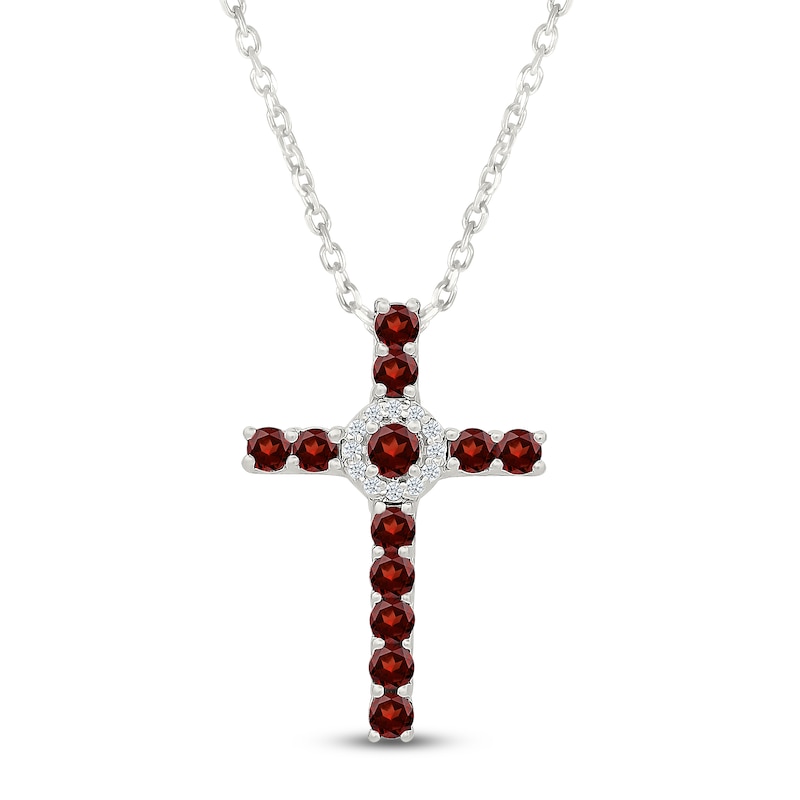 Main Image 1 of Natural Garnet & White Lab-Created Sapphire Cross Necklace Sterling Silver 18"