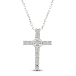 Lab-Created Opal & White Lab-Created Sapphire Cross Necklace Sterling Silver 18"
