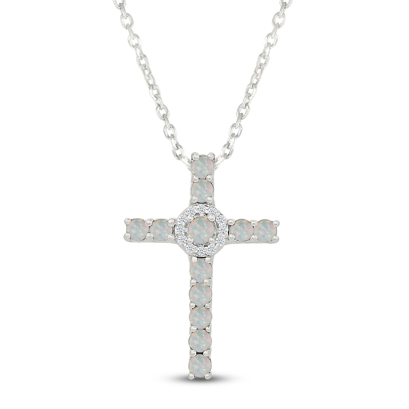 Main Image 1 of Lab-Created Opal & White Lab-Created Sapphire Cross Necklace Sterling Silver 18"