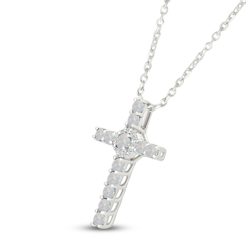 Main Image 2 of Lab-Created Opal & White Lab-Created Sapphire Cross Necklace Sterling Silver 18"