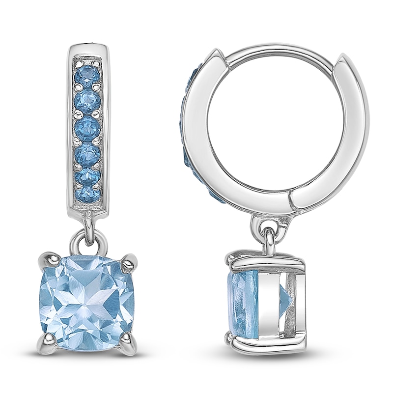 Main Image 1 of Cushion-Cut Natural Sky Blue Topaz & Natural London Blue Topaz Dangle Hoop Earrings Sterling Silver