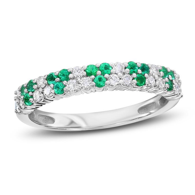 Main Image 1 of Natural Emerald & Diamond Trio Pattern Ring 1/4 ct tw 10K White Gold