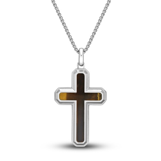 Jared The Galleria Of Jewelry Mens Natural Tiger Eye Cross Pendant Necklace Stainless Steel 24
