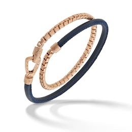 Marco Dal Maso Men's Double Blue Leather/ Box Chain Bracelet Sterling Silver/18K Rose Gold-Plated 16&quot;