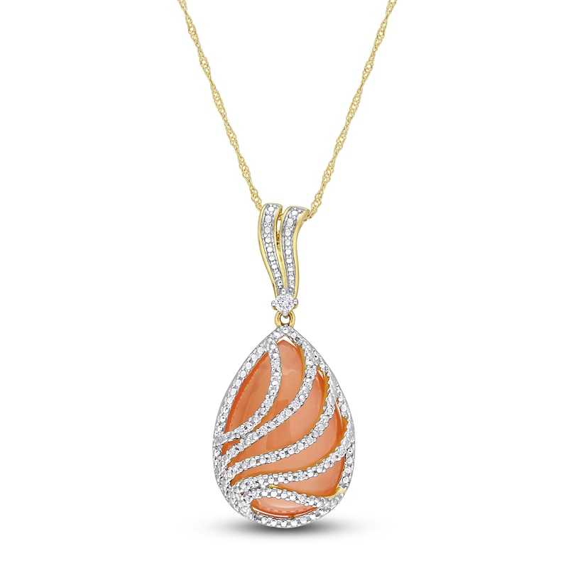 Natural Orange Moonstone Pendant Necklace 1/10 ct tw Diamonds 14K Yellow Gold 17"