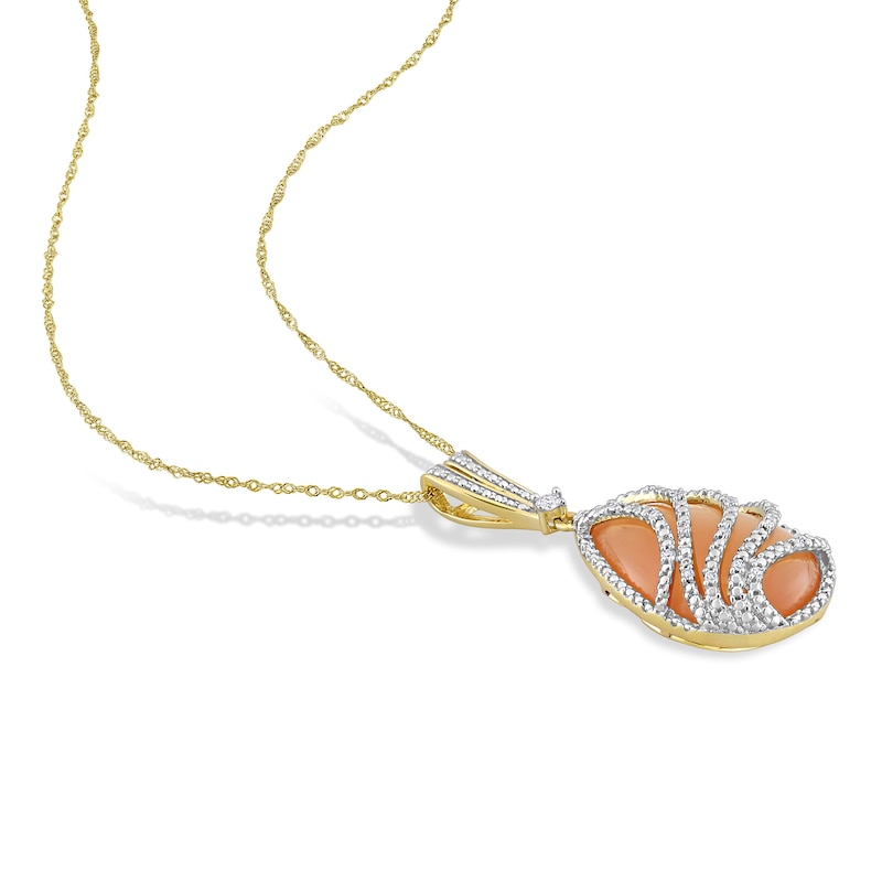 Main Image 2 of Natural Orange Moonstone Pendant Necklace 1/10 ct tw Diamonds 14K Yellow Gold 17"