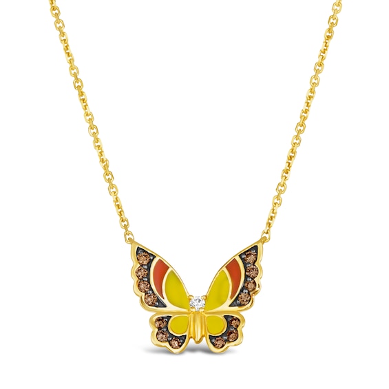 Le Vian Diamond Butterfly Necklace 1/4 ct tw Round Red/Yellow Enamel 14K Honey Gold 18