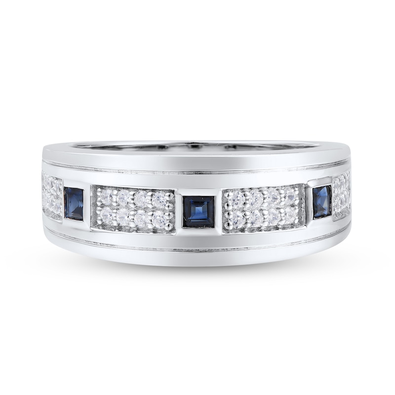 Main Image 1 of Men's Natural Blue Sapphire Ring 1/3 ct tw Diamonds 14K White Gold