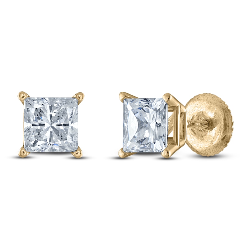 Main Image 2 of Princess-Cut Lab-Grown Diamond Solitaire Stud Earrings 1/2 ct tw 14K Yellow Gold (F/SI2)