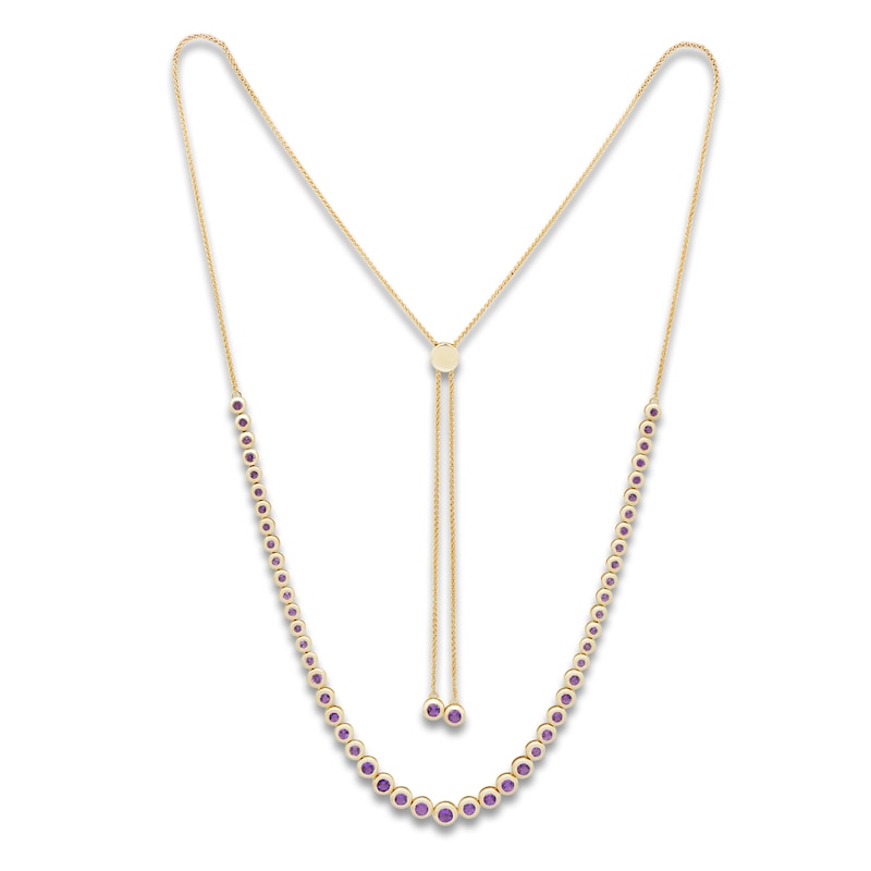 Main Image 1 of Round-Cut Natural Amethyst Bezel Bolo Necklace 14K Yellow Gold 26"